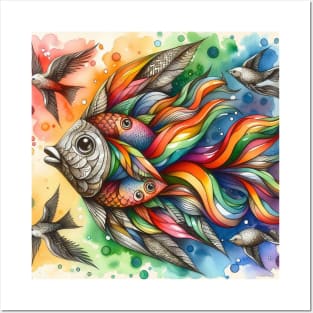 Psychedelic looking abstract illustration of geometric fish Posters and Art